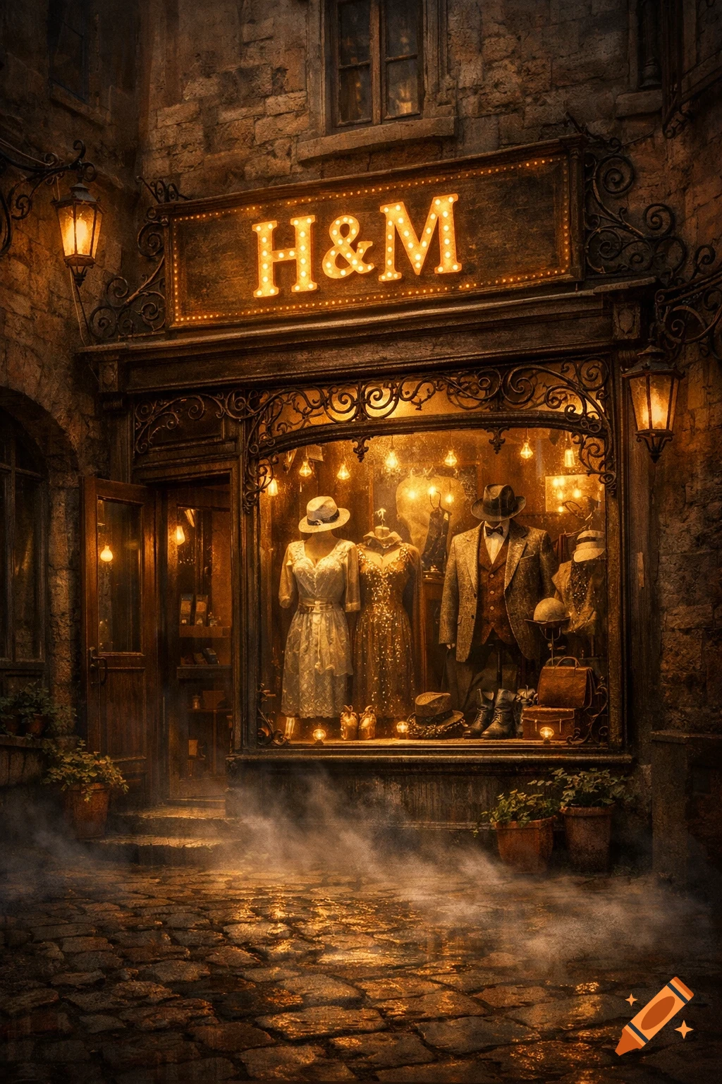 A vintage-style H&M clothing shop with a lit sign, glowing display window, and cobblestone street shrouded in mist at night.