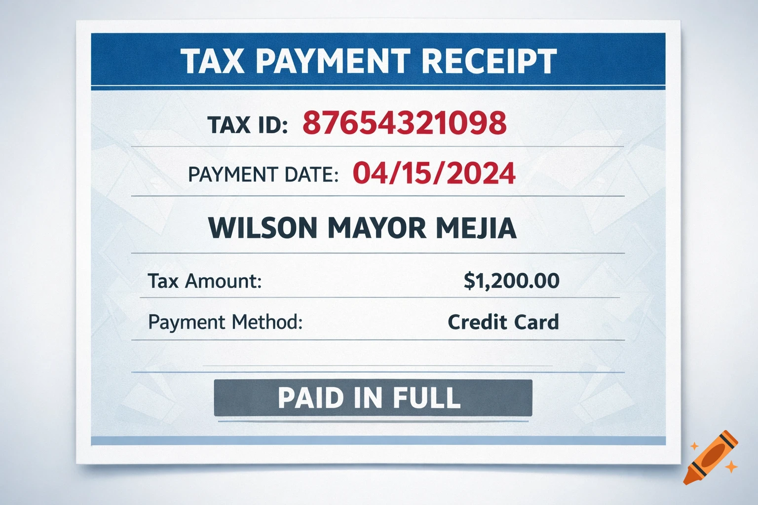 A detailed tax payment receipt for Wilson Mayor Mejia, dated 04/15/2024, showing a $1,200.00 payment by credit card.