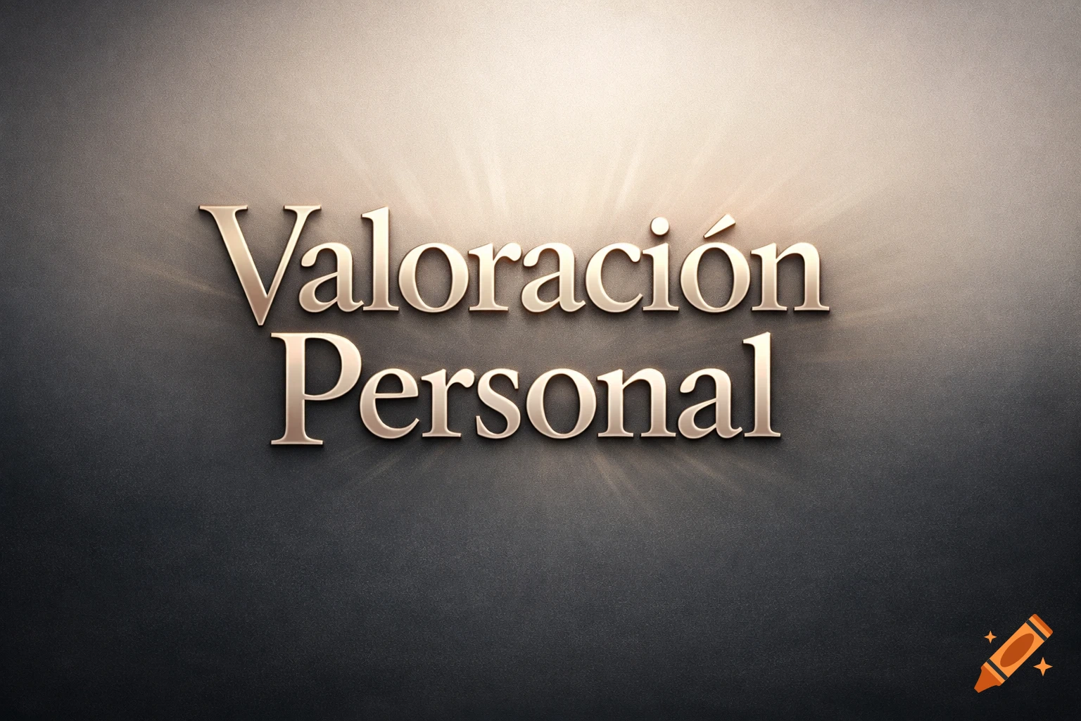 Gold 3D metallic text 'Valoración Personal' with light rays on a dark textured background.