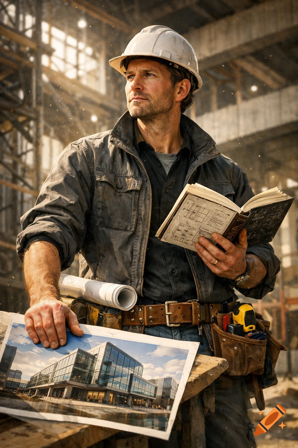 A photorealistic image of a thoughtful architect in a hard hat holding an open book and a photo of a modern building at a construction site.