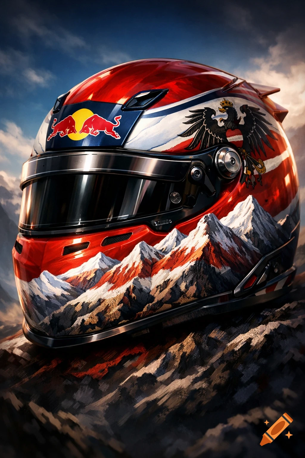 A close-up of a racing helmet featuring a red, white, and blue design, an eagle symbol, a Red Bull logo, and snow-capped mountains painted on its lower half, set against a cloudy sky.