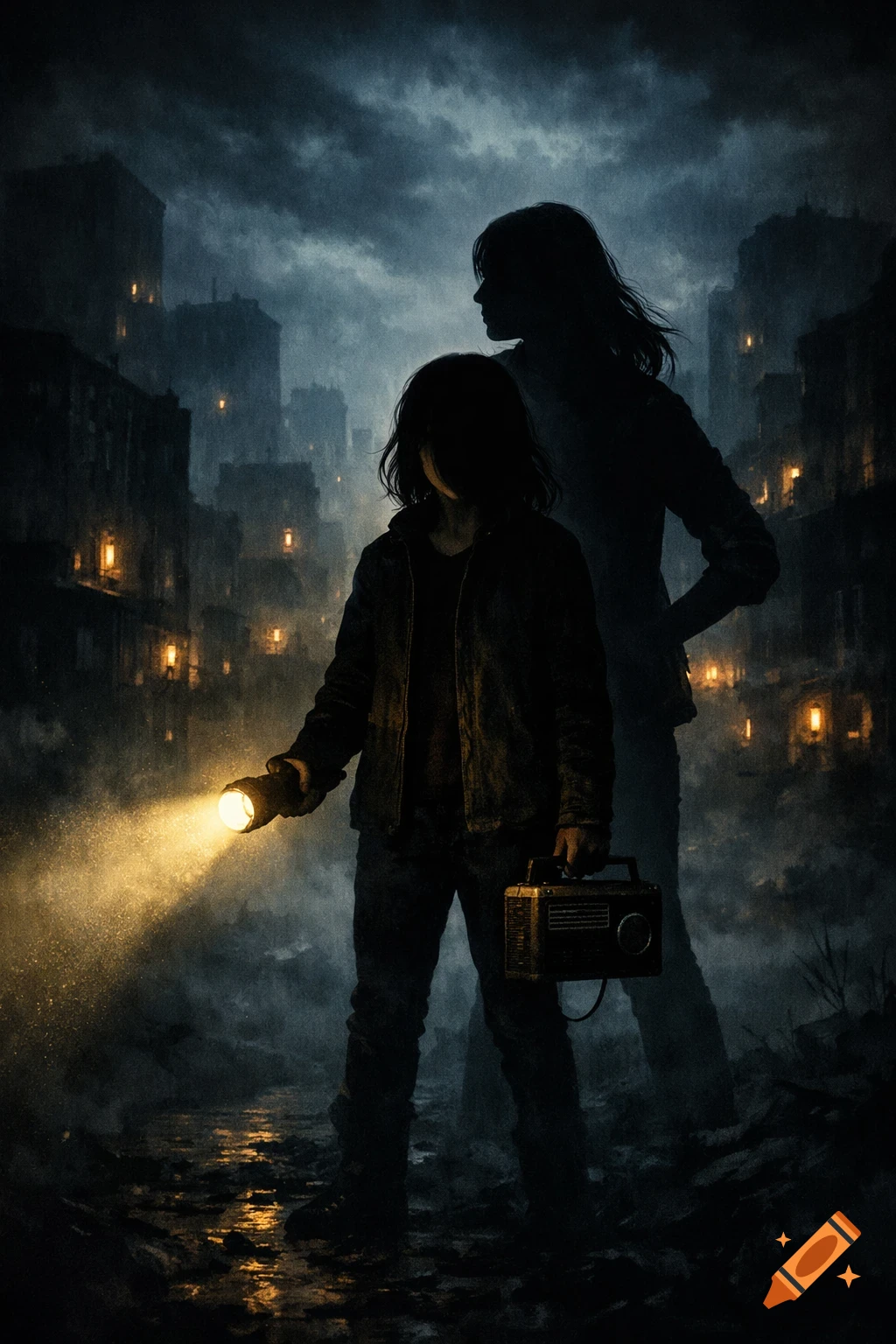 A younger figure with a flashlight and radio stands in a dark, ruined city, an older protective figure behind them. Cinematic style.