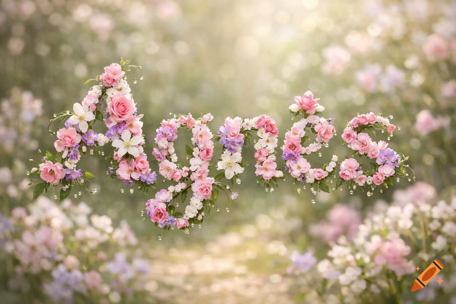 The name Agnès spelled out with pink, white, and purple flowers against a soft, blurred floral background.
