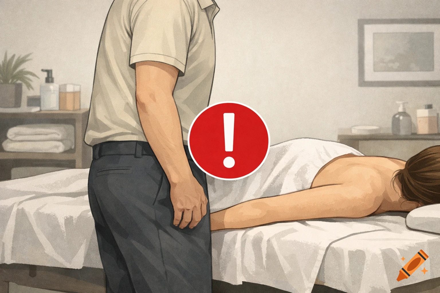 HR training illustration showing a male massage therapist standing too close to a client on a massage table, with a red warning symbol.
