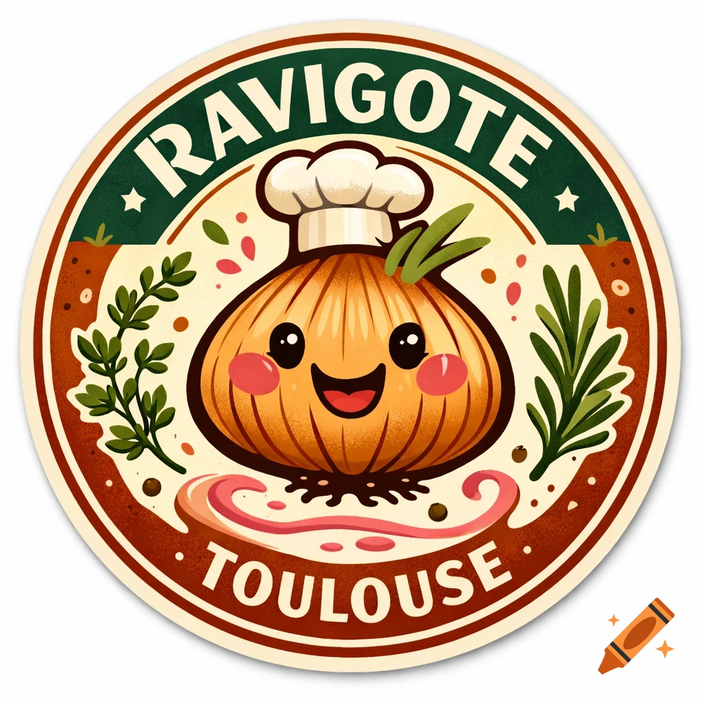 A round sticker featuring a cute cartoon onion wearing a chef's hat, with herbs and spices. Text reads 'RAVIGOTE' and 'TOULOUSE'.