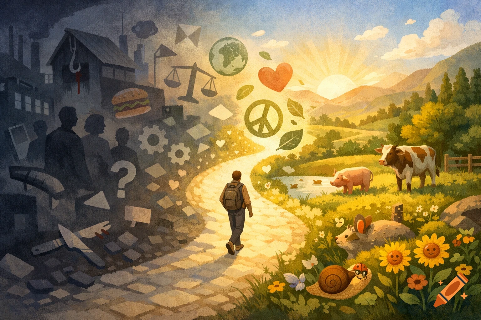 An illustrative painting depicting a person walking a path that splits two worlds: a dark, industrial city of pollution and consumption on the left, and a bright, natural landscape with farm animals and symbols of peace and nature on the right, under a rising sun.