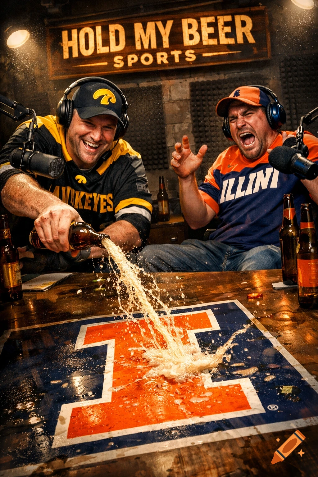 Two men in a sports podcast studio, one a Hawkeye fan, splashes beer on an Illinois 'I' logo as the Illinois fan reacts.