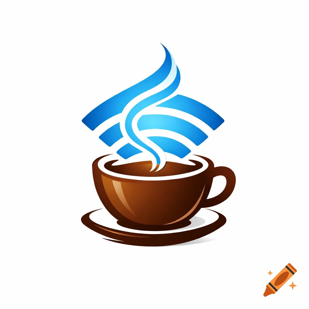A stylized logo featuring a brown coffee cup with blue wavy lines rising from it, resembling both steam and a WiFi signal, on a white background.
