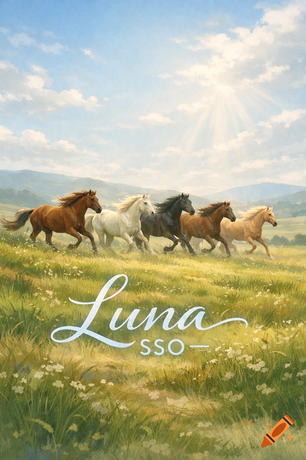 Five horses of various colors galloping through a sunny green meadow with mountains in the background and the text "Luna SSO".