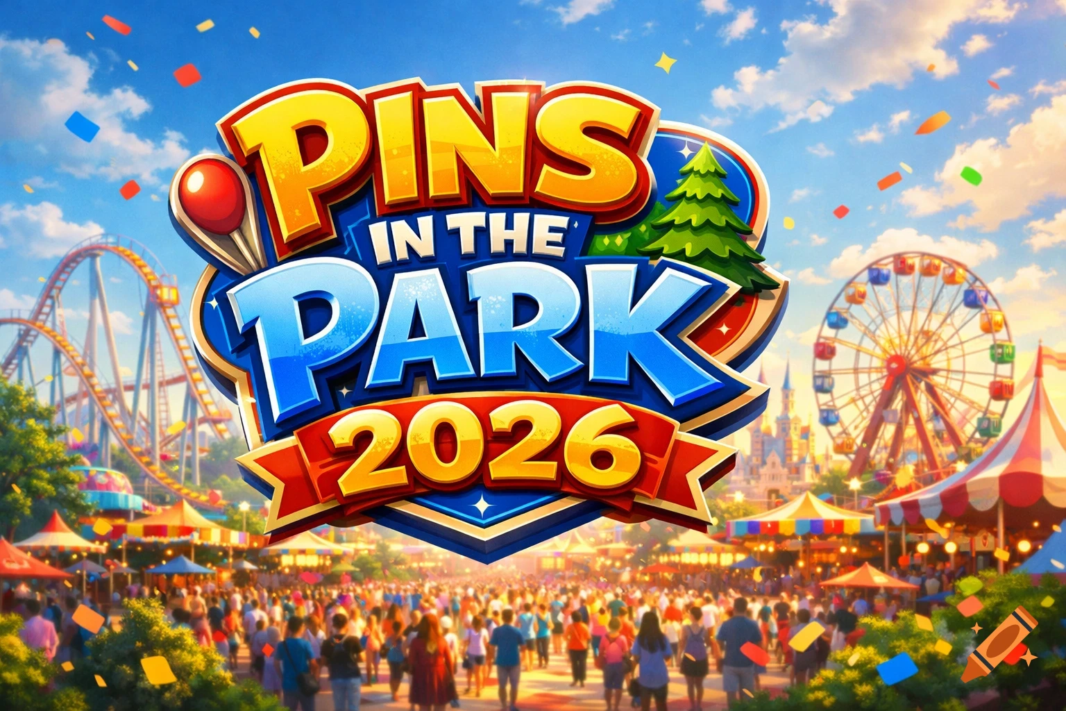 Vibrant illustrated logo for 'PINS IN THE PARK 2026' over a bustling amusement park with a Ferris wheel and roller coaster under a blue sky.
