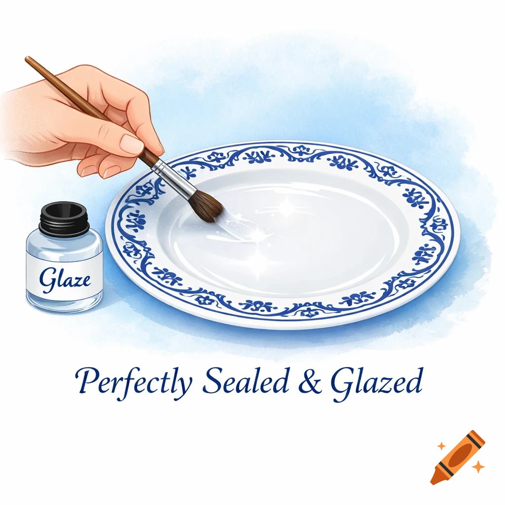 A hand brushes clear glaze onto a white plate with blue patterns, next to a 'Glaze' bottle. Text: 'Perfectly Sealed & Glazed'.