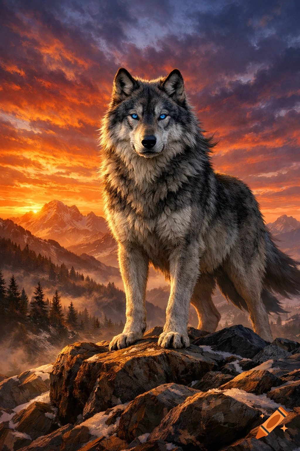 A majestic wolf with piercing blue eyes stands on a rocky mountain peak against a vibrant sunset sky, surrounded by misty forests.