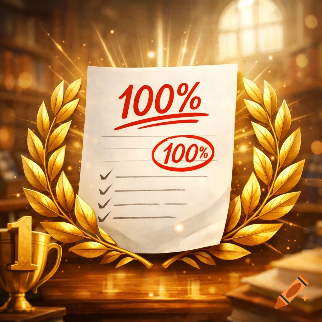 A golden laurel wreath frames a graded paper displaying "100%" multiple times, with a number 1 trophy and books in a glowing library.