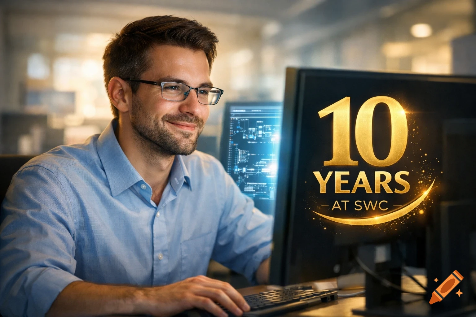 Smiling male engineer with glasses working at a computer screen displaying "10 YEARS AT SWC".
