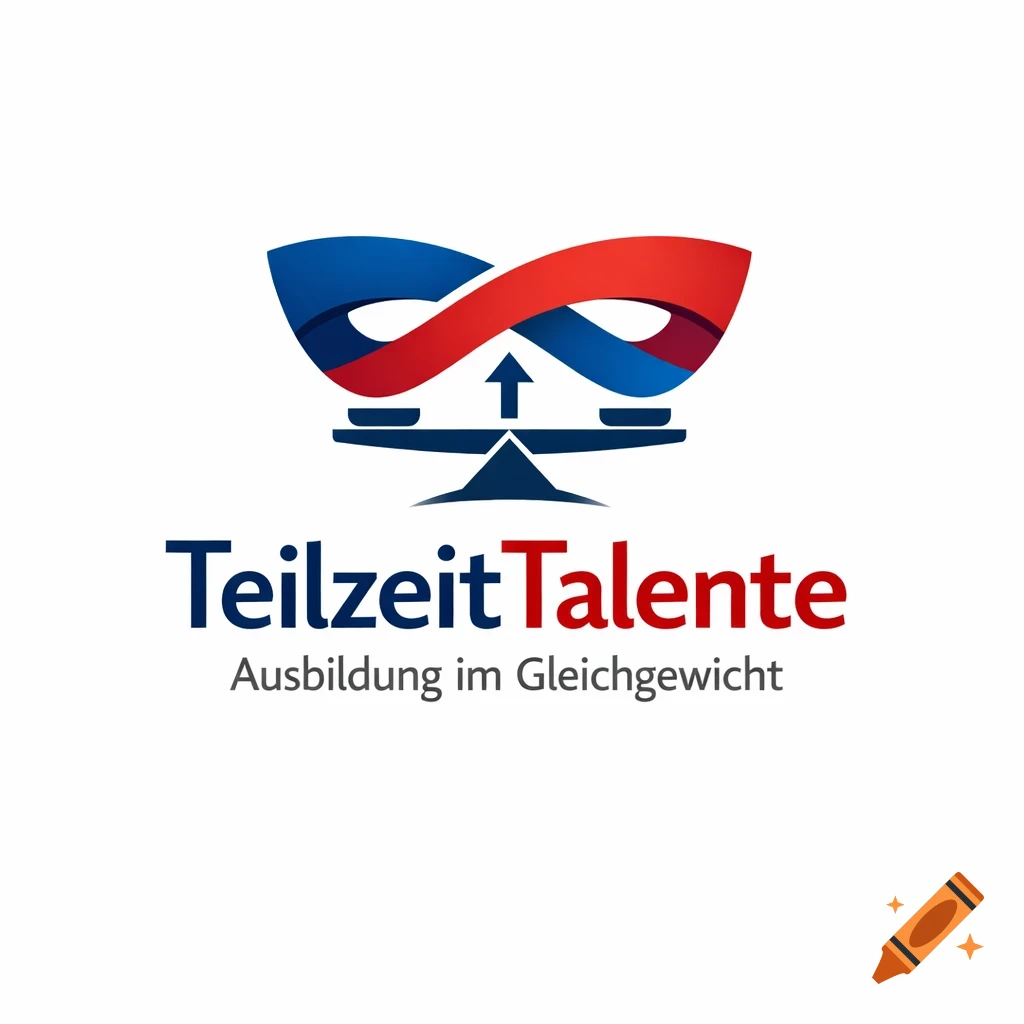 Modern blue and red logo featuring abstract shapes and a balance scale, with the text 'TeilzeitTalente Ausbildung im Gleichgewicht'.