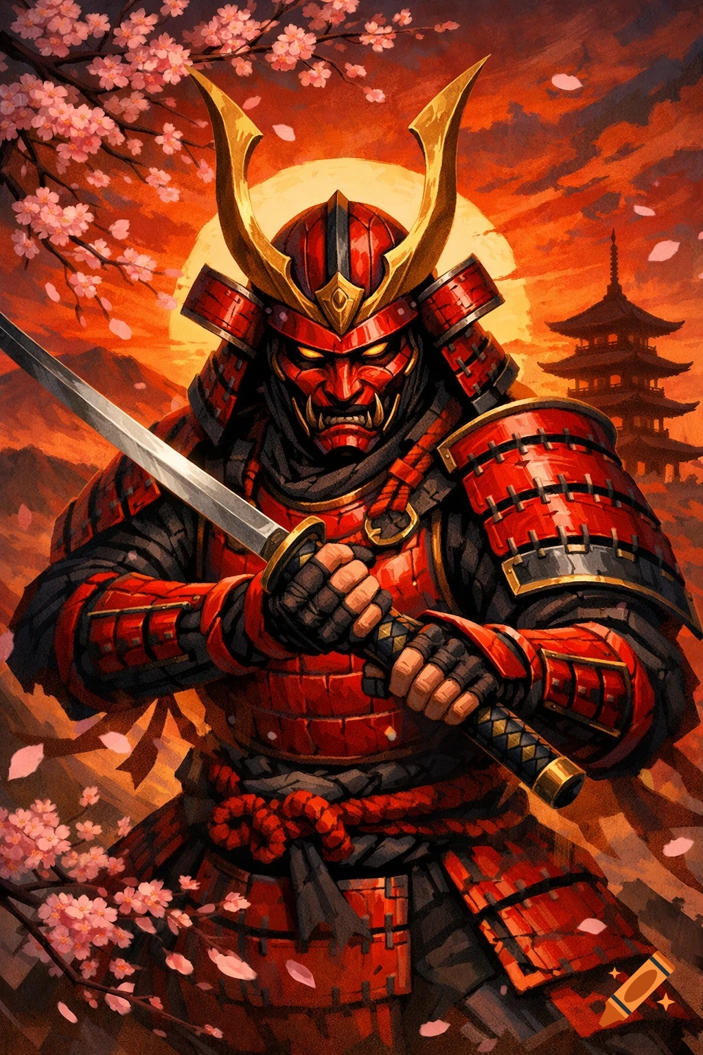 Vibrant illustration of a samurai warrior in red armor holding a katana, against an orange sunset with cherry blossoms and a pagoda.