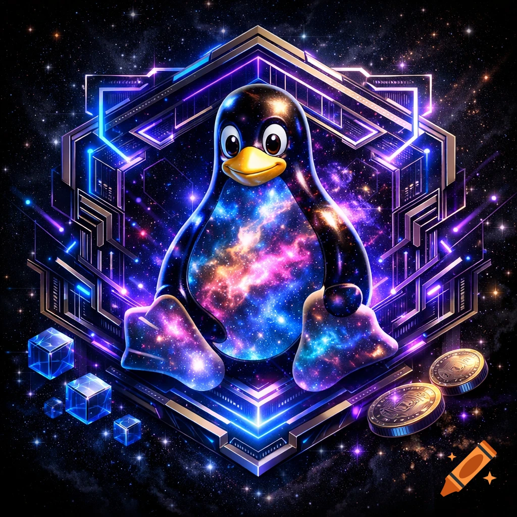 A stylized Tux penguin with a cosmic, starry body stands against a backdrop of neon blue and purple glowing geometric patterns, with blockchain-inspired elements and coins.