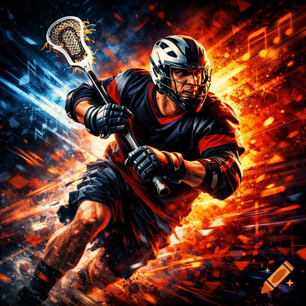 A dynamic lacrosse player in a helmet and uniform holds a stick against an energetic red and blue background with musical notes.