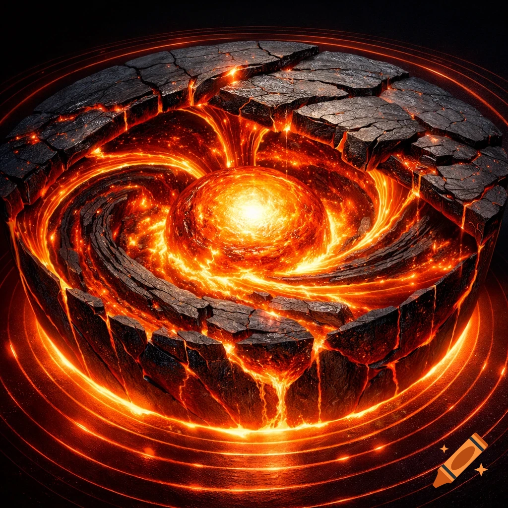 Cracked dark rock revealing a swirling, fiery molten core with glowing orange and yellow light, surrounded by concentric rings.