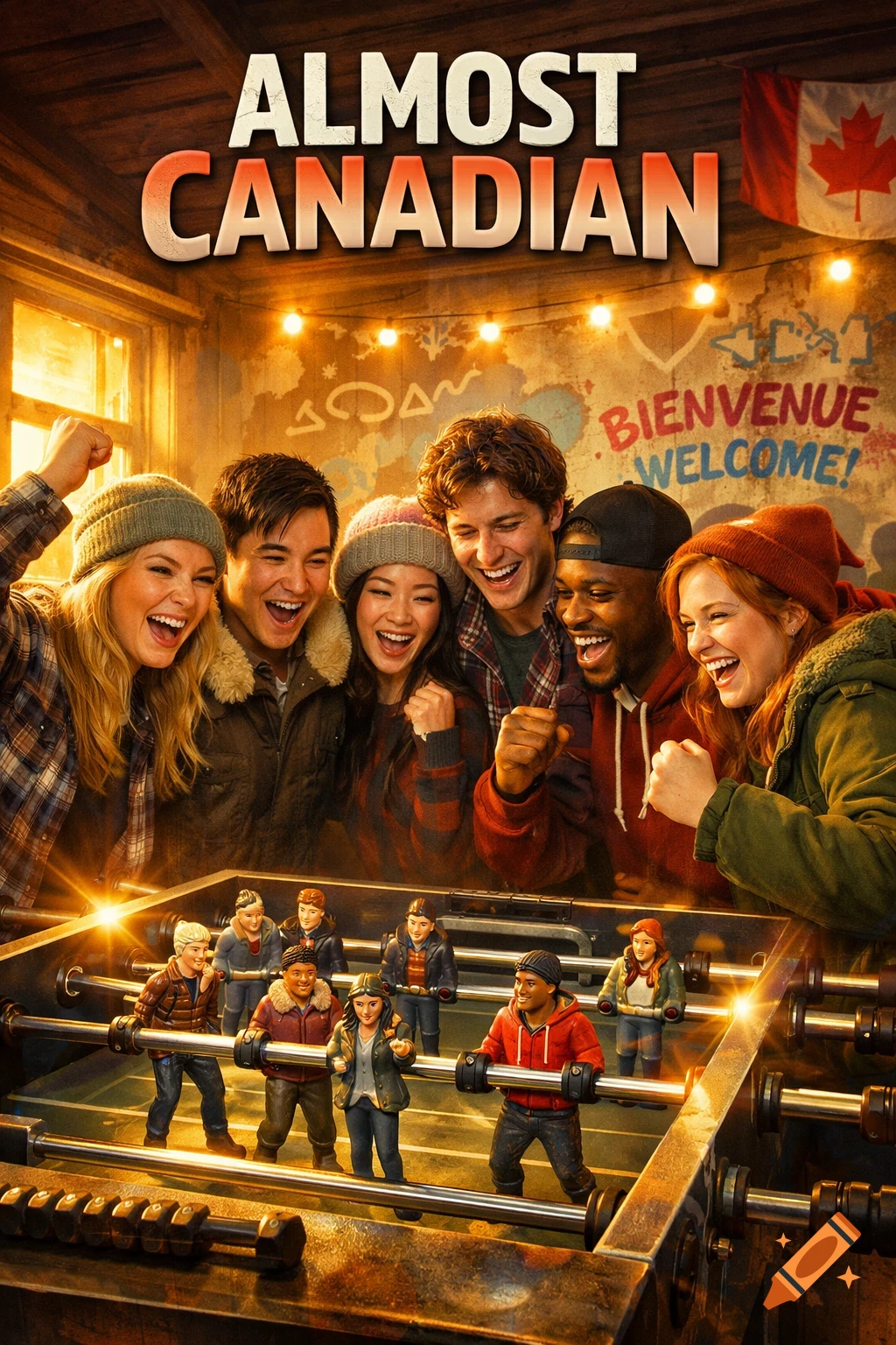 A vibrant movie poster showing six diverse young adults celebrating around a foosball table, with text "ALMOST CANADIAN" and a Canadian flag.