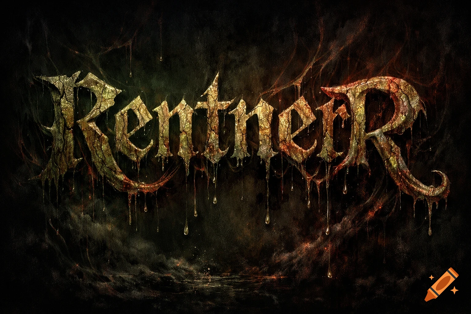Stylized, dripping, cracked, gothic, golden text spelling 'RentneR' on a dark, shadowy, and slightly fiery background.