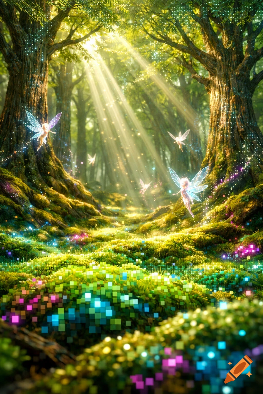 A magical forest scene with sunbeams, luminous fairies, and mossy ground covered in glowing, colorful pixel-like patterns.