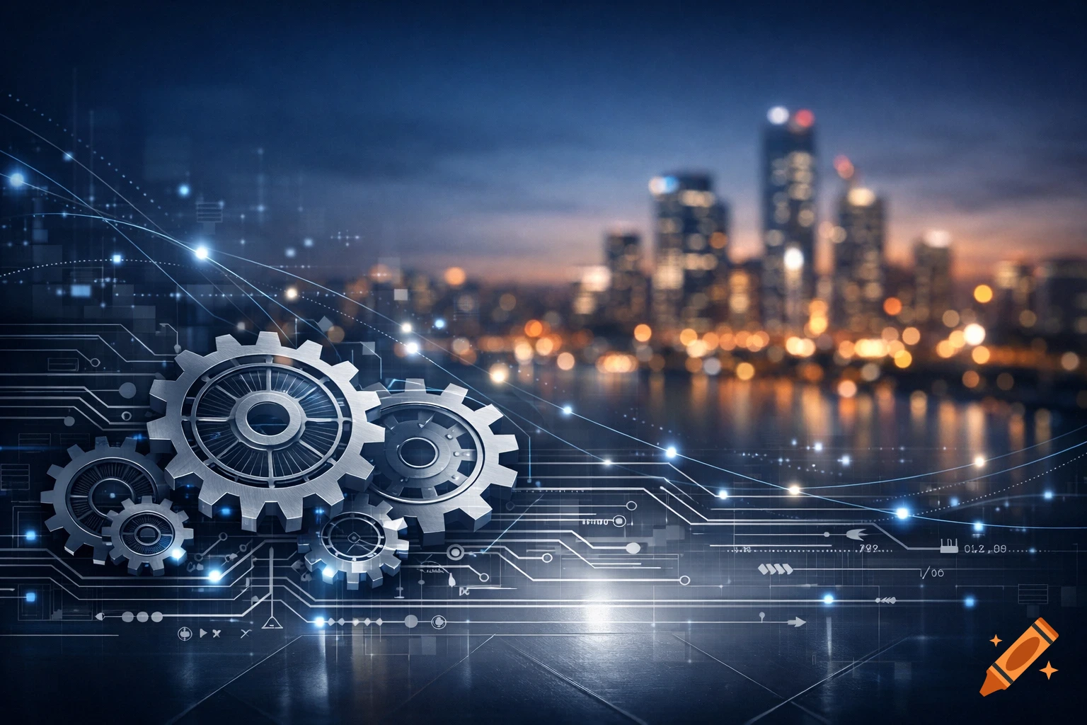 Digital gears and circuit patterns overlay a blurred cityscape at dusk, symbolizing technology and engineering.