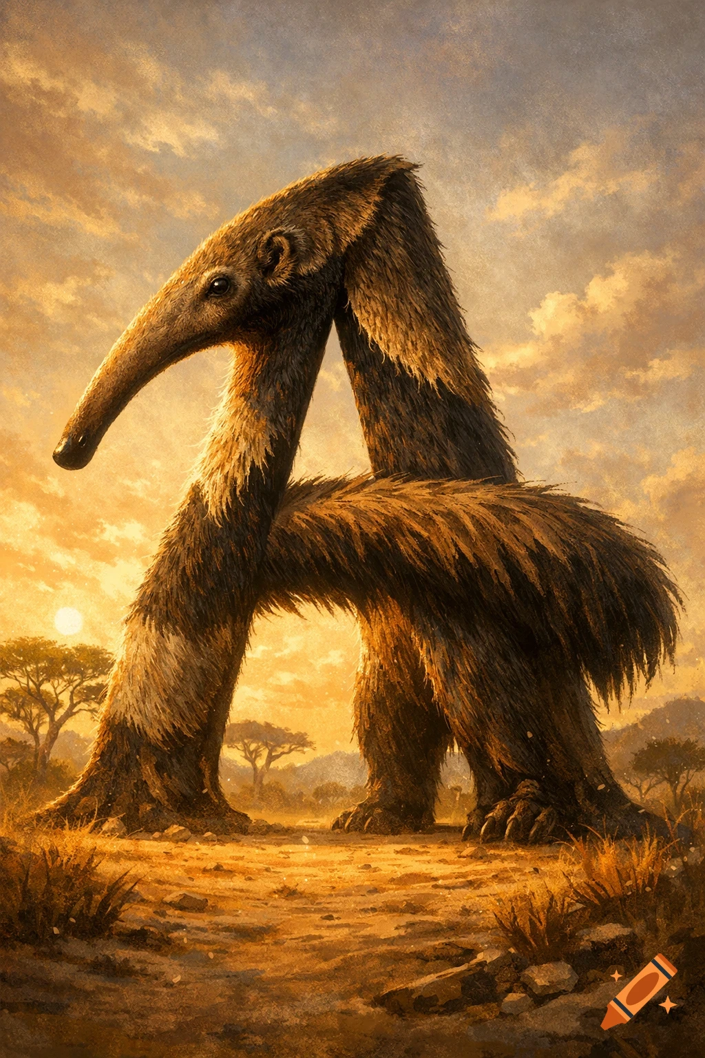 A detailed, artistic rendering of an anteater standing in a sunny savanna, its body cleverly shaped like the letter A.