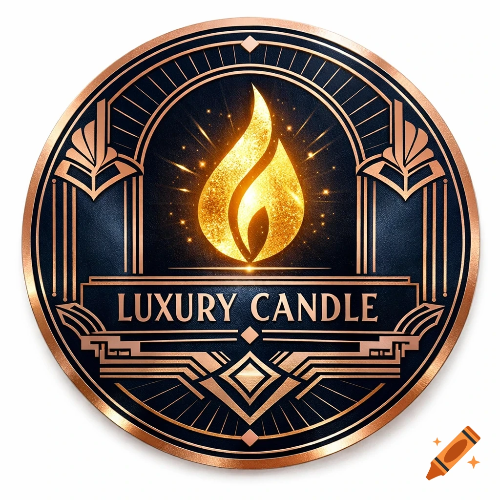 Luxurious Art Deco circular logo with a golden flame icon and 'LUXURY CANDLE' text on a dark background.