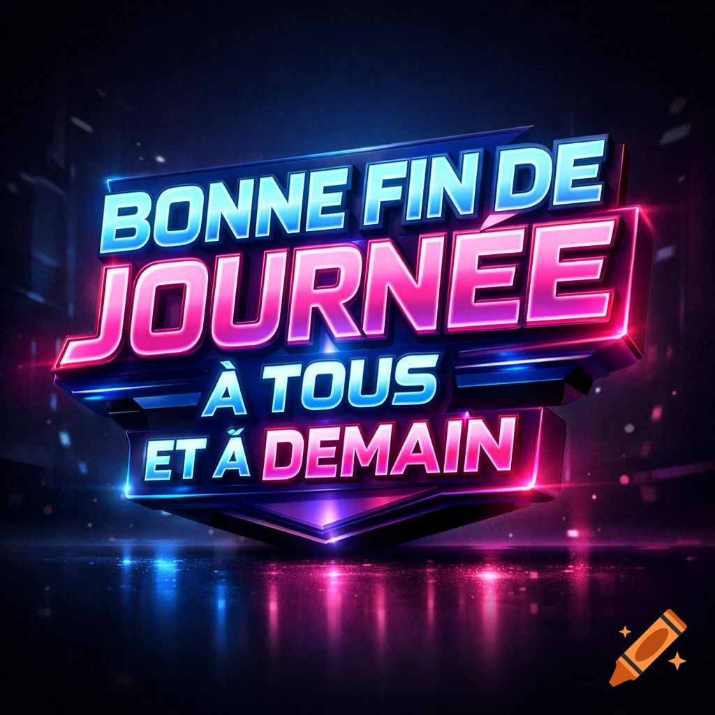 A 3D neon logo with glowing pink and blue text "BONNE FIN DE JOURNEE À TOUS ET À DEMAIN" against a dark, reflective city background.