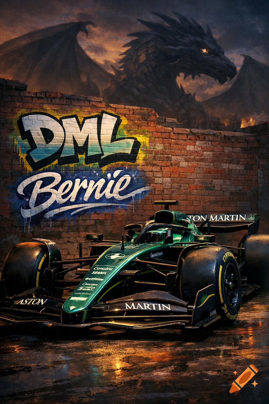 A green Aston Martin Formula 1 car sits before a brick wall with DML and Bernie graffiti, under a dark sky with a dragon.