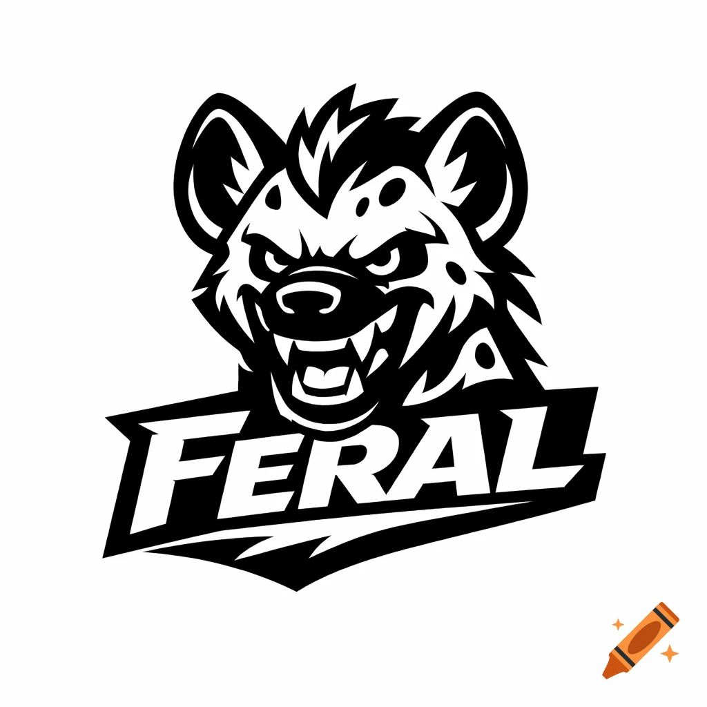 Black and white stylized hyena mascot logo with sharp teeth and the word FERAL.