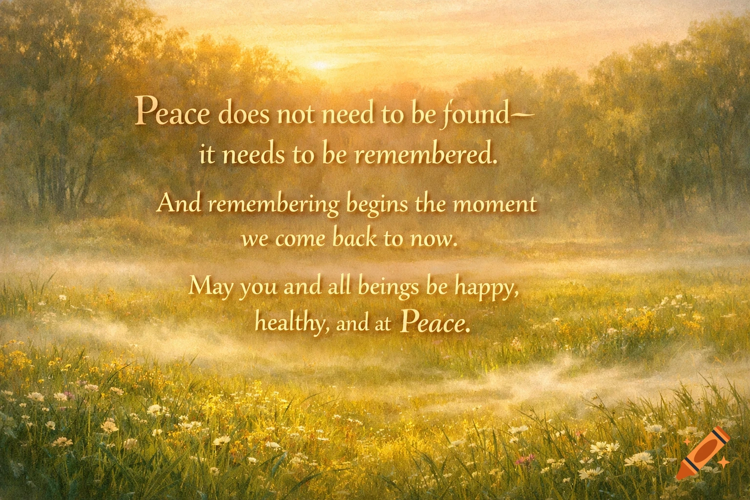 Golden meadow at sunrise with trees and mist, featuring an inspirational quote about peace.