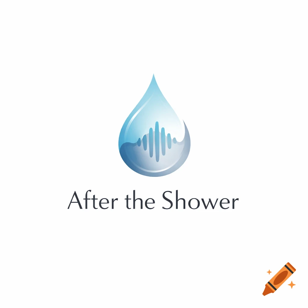 A minimalist logo with a blue water drop containing white sound waves, above the text "After the Shower".