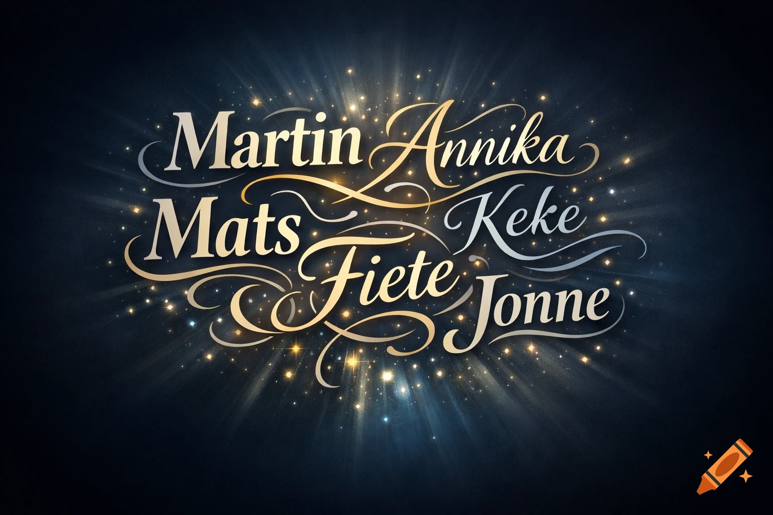 Golden and silver decorative typography of names 'Martin Annika Mats Keke Fiete Jonne' on a dark background with sparkling lights.