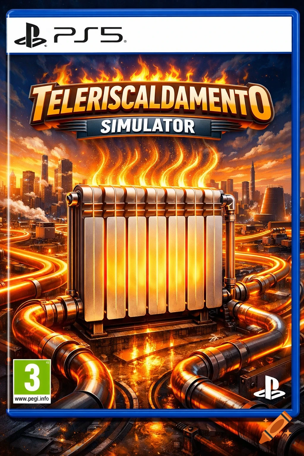 PS5 game cover for 'Teleriscaldamento Simulator' showing a glowing radiator and pipes in a fiery, industrial cityscape.