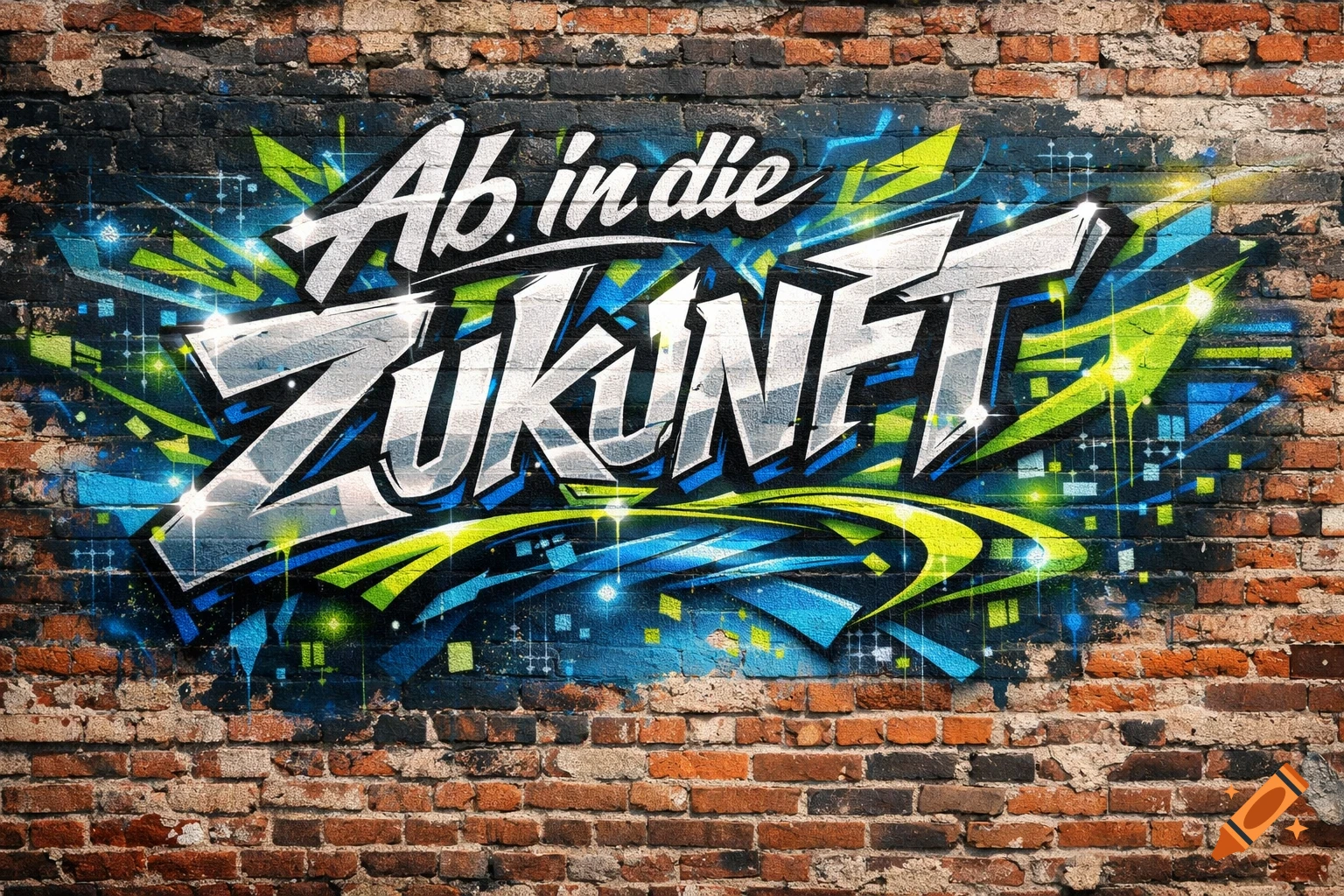 Vibrant graffiti art on a rustic brick wall, displaying the phrase "Ab in die ZUKUNFT" in dynamic silver, blue, and green lettering.