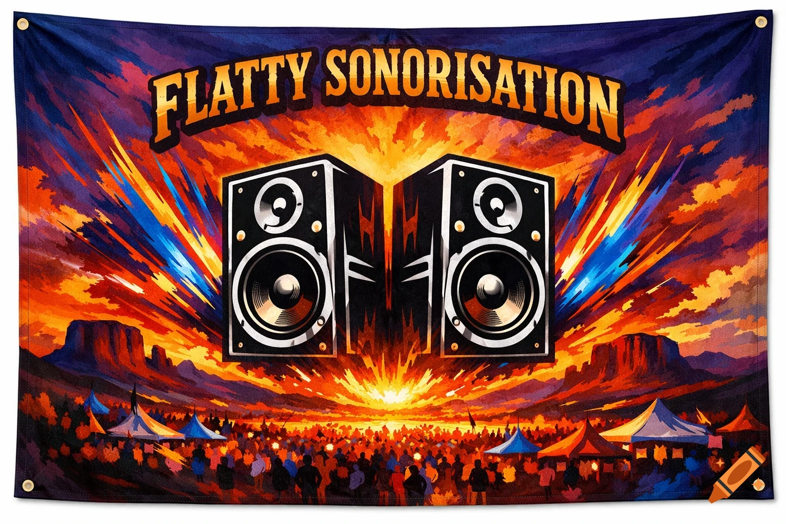 Vibrant music festival flag with speakers, desert sunset, crowd, and 'FLATTY SONORISATION' text.