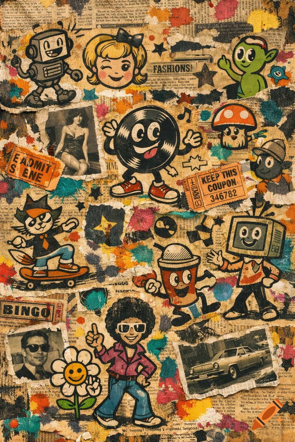 A vibrant, grunge-style collage featuring retro cartoon characters, vintage photos, torn newspaper scraps, tickets, and colorful paint splatters.