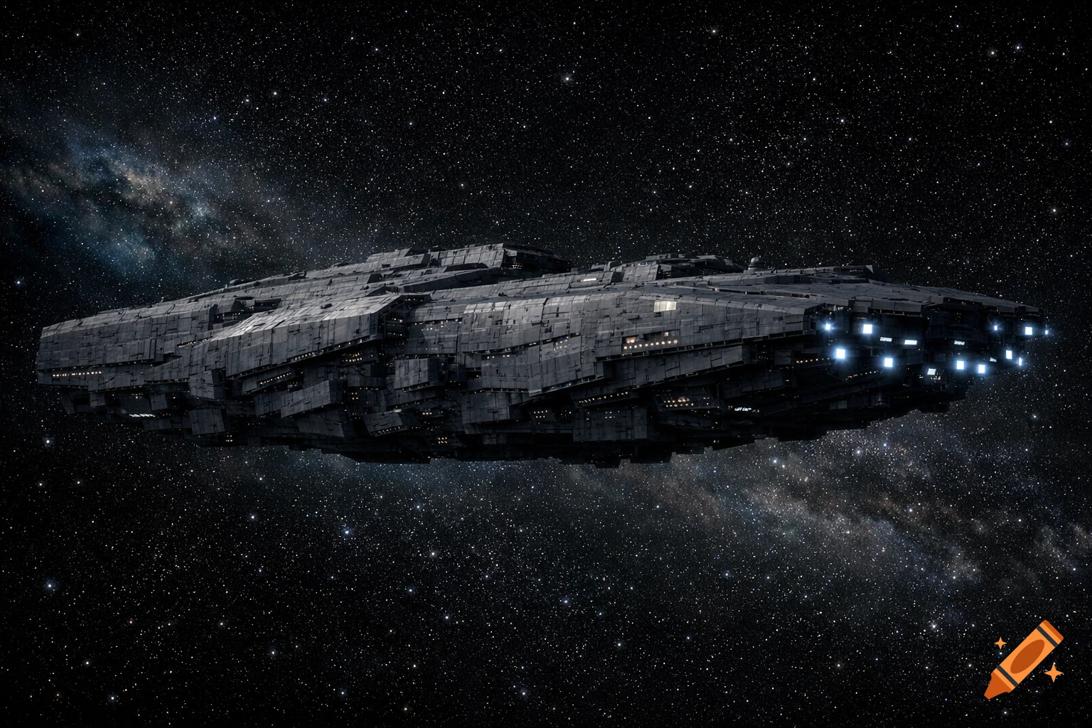 A large, detailed grey spaceship with blocky structures and glowing blue lights at the rear, flying through a dark starry space with a faint nebula.