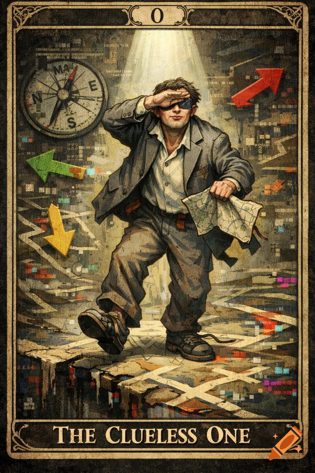 An illustrated tarot card titled 'The Clueless One' features a man with an eye patch, holding a map, looking confused amidst a compass, arrows, and digital glitch artifacts.