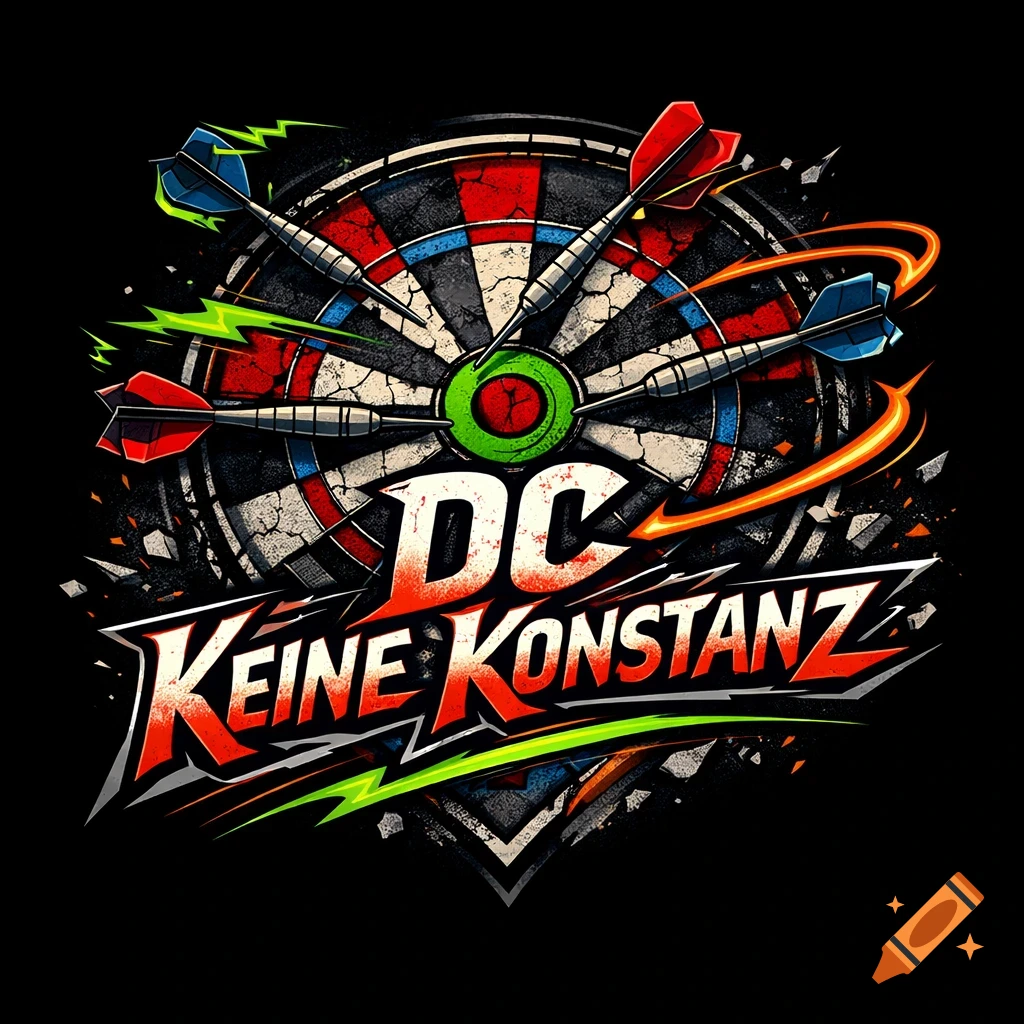A vibrant logo for a dart team featuring a distressed dartboard with four darts stuck in it, and the bold, stylized text "DC Keine Konstanz" below.