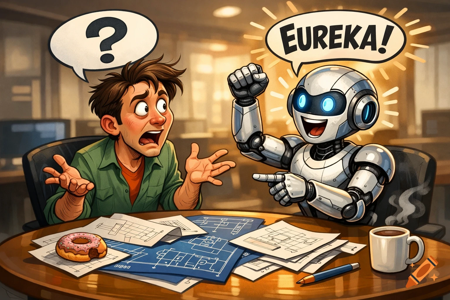 Caricature of a confused human engineer with a question mark and an excited robot saying 'EUREKA!' over blueprints and coffee.