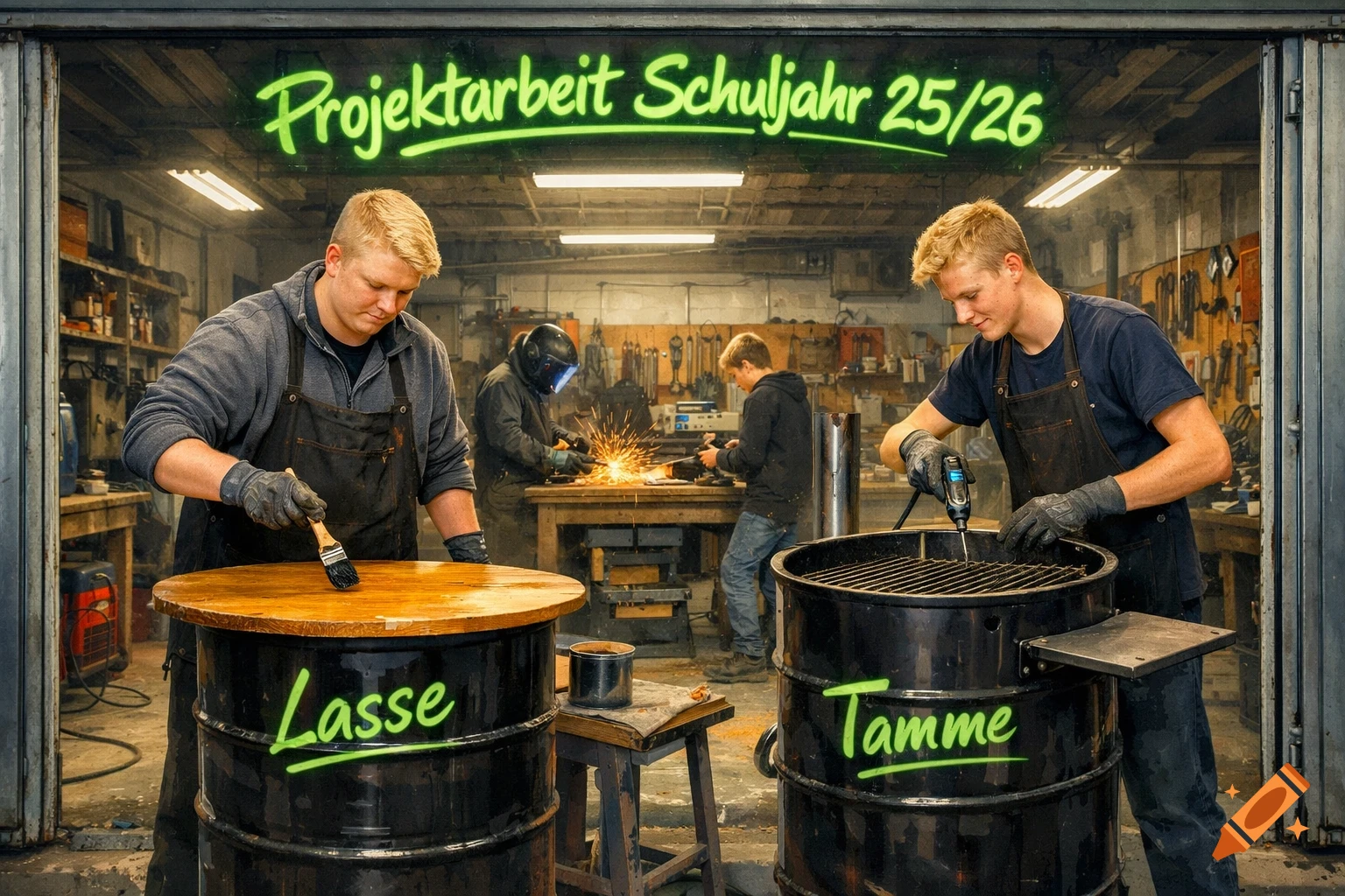 Four male students are engaged in a workshop, building items from oil barrels. One paints a wooden tabletop, another works on a grill, while two others are welding. Text 'Projektarbeit Schuljahr 25/26' glows above. Photorealistic style.