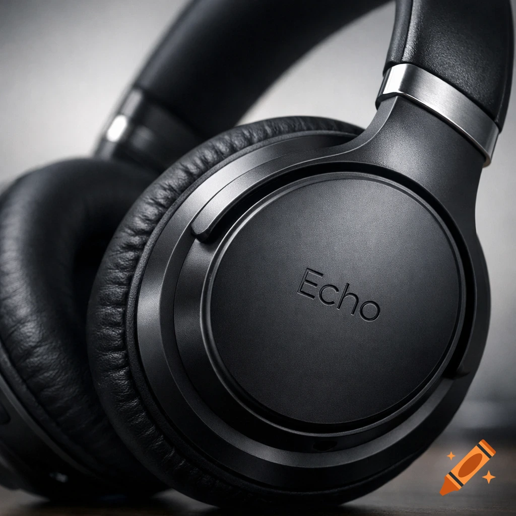 Close-up of black over-ear headphones with the 'Echo' brand name embossed on the earcup, in a photorealistic style.