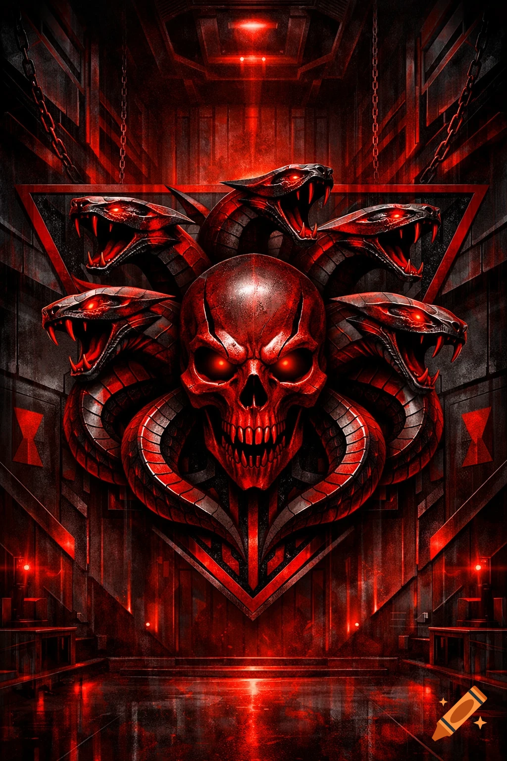 A red skull with glowing eyes and fangs, surrounded by multiple snarling red snakes, against a dark, metallic, red-lit gothic background.