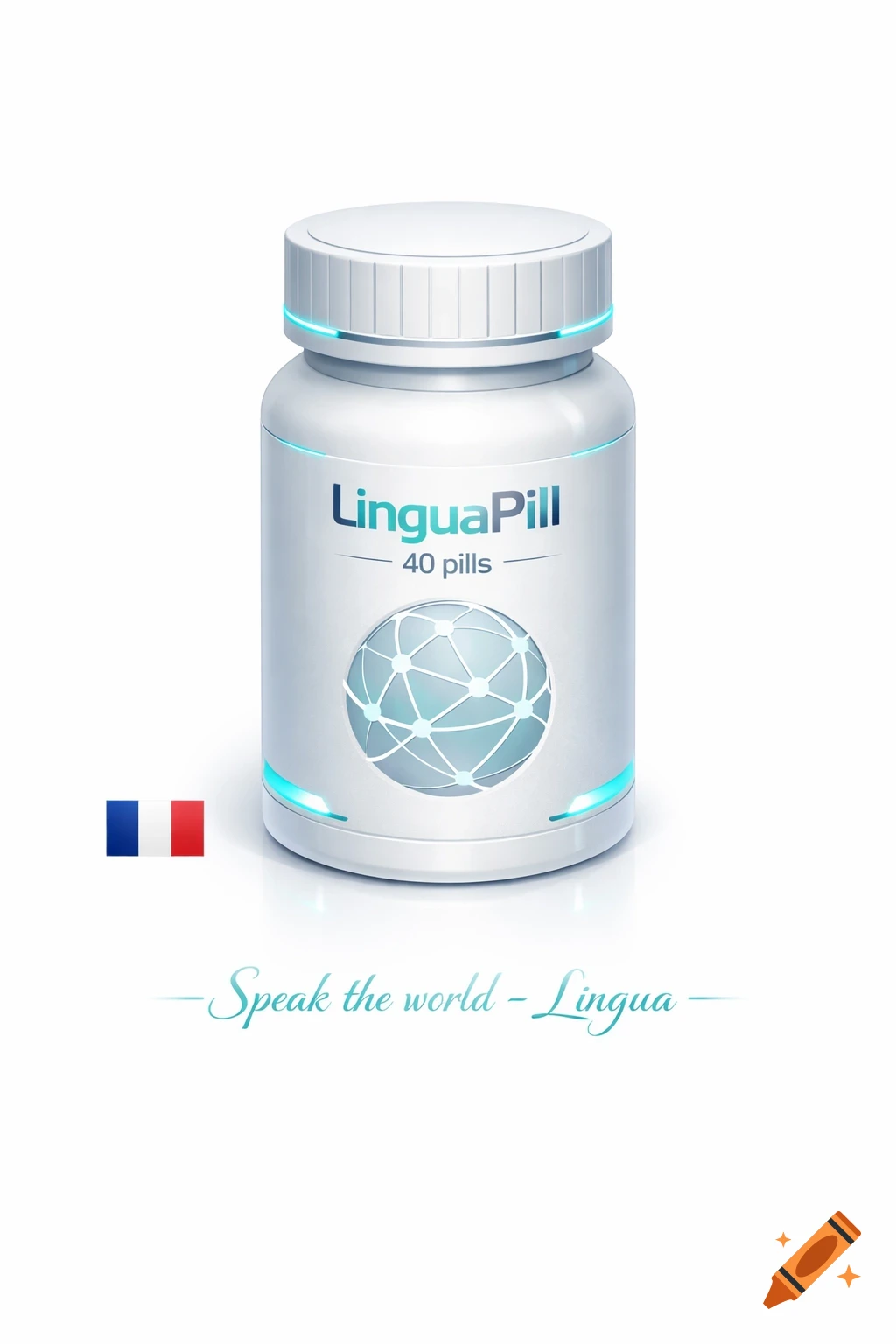 A white, futuristic pill bottle labeled "LinguaPill" with "40 pills" and a network globe logo, next to a French flag and the quote "Speak the world - Lingua" on a white background.