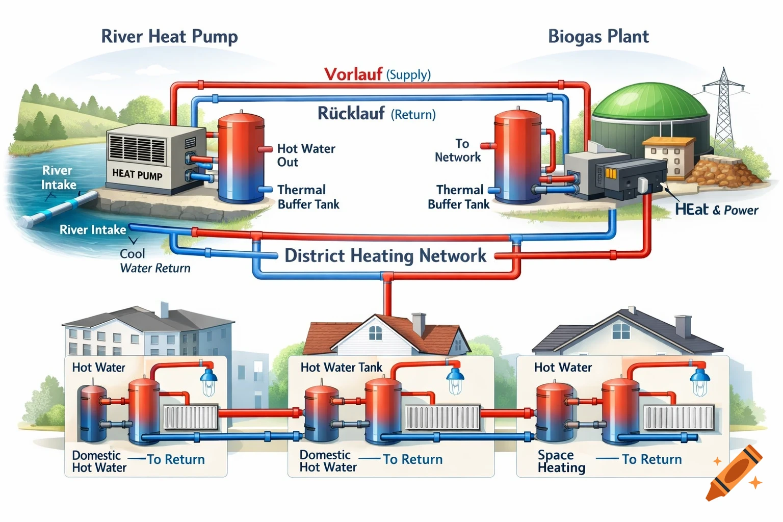 A detailed diagram illustrating a district heating network supplied by a river heat pump and a biogas plant, showing thermal buffer tanks and connections to residential and commercial consumers for domestic hot water and space heating.