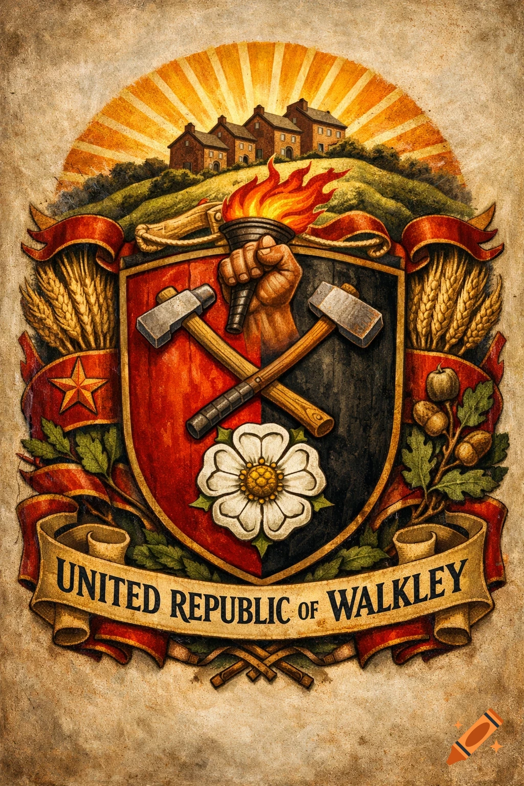 A weathered, hand-painted socialist realism coat of arms with hammers, a torch-holding fist, a white rose, and a banner "UNITED REPUBLIC OF WALKLEY".