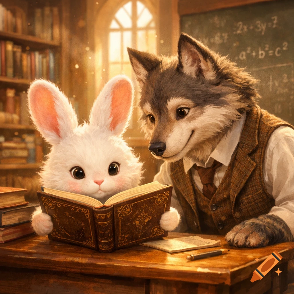 An anthropomorphic rabbit reads a book on a wooden desk with a wolf in a vest and tie looking over its shoulder in a warm library setting.